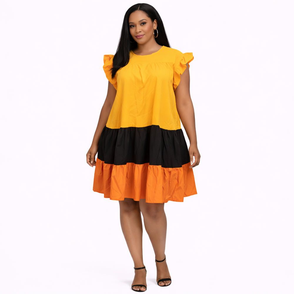 Women Yellow and Black Layered Ruffle Dress
